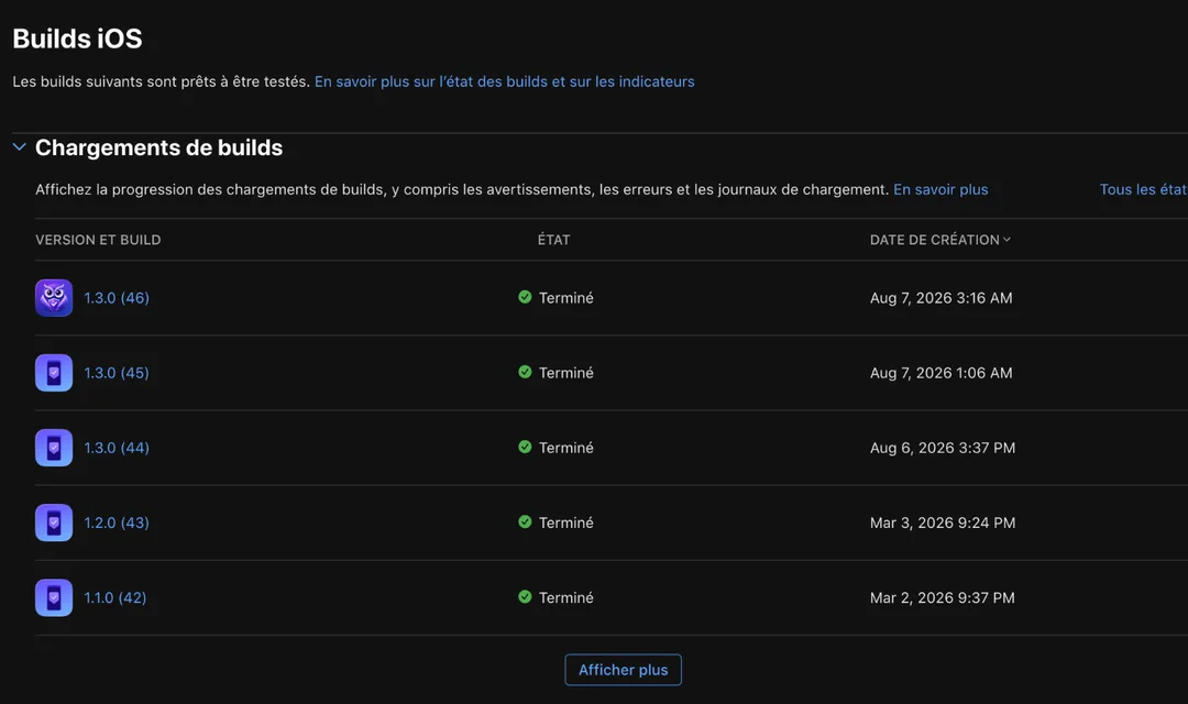 Historique des builds BeSafe chargés dans TestFlight