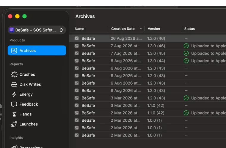 Archives réelles de BeSafe dans Xcode Organizer